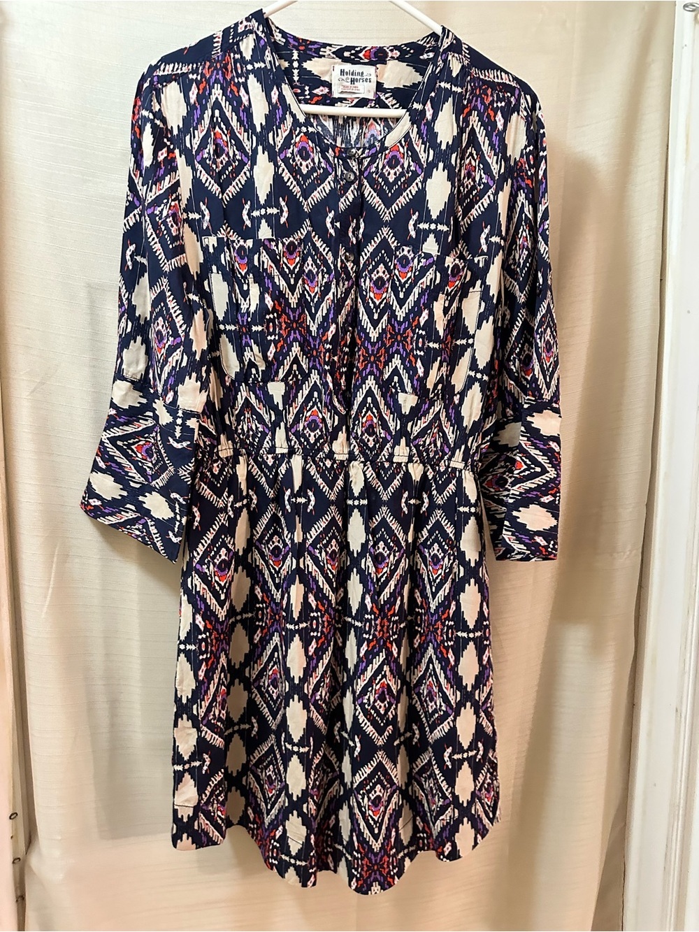 Holding Horses Size 10 Boho Geometric Rayon Tunic Dress Navy Purple